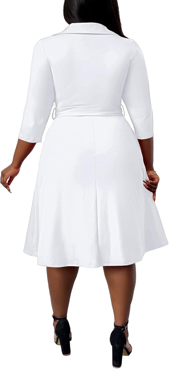 FANDEE Plus Size Midi Dress for Women - Printing Summer Dresses for Wedding Guest Cocktail Party 3/4 Sleeve V Neck（L-5XL） - Image 3