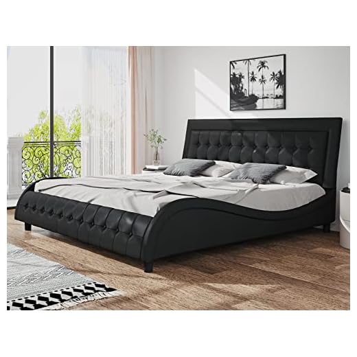 SHA CERLIN King Size Box-Tufted Platform Bed Frame/Faux Leather Upholstered Bed Frame with Adjustable Headboard/Wood Slat Support/Wave-Like Modern Bed/Low Profile/Black