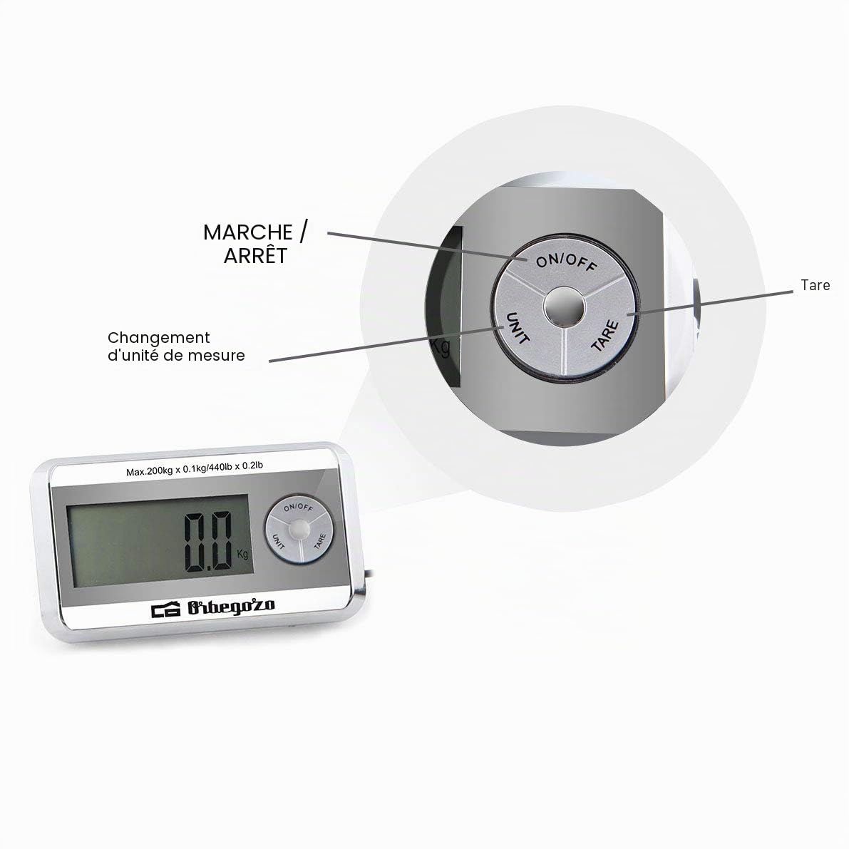 Orbegozo Pc 5500 - Balance de cuisine industrielle, capacité maximale de 200 kg, surface en acier inoxydable (39 x 31 cm), fonction tare, fonctionne sur piles et adaptateur électrique