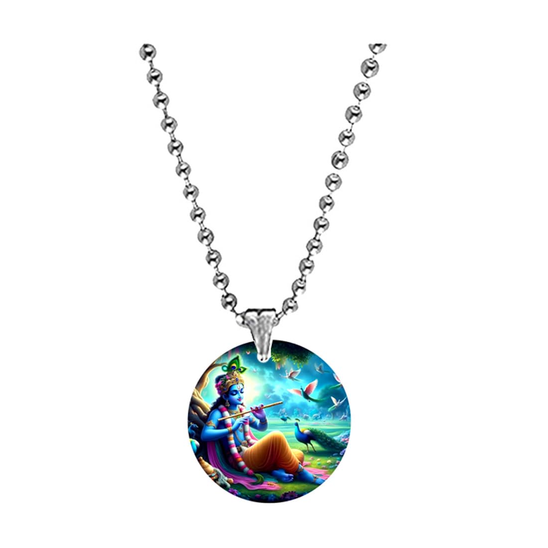 abhiora fashion Lord Krishna Playing Flute in Forest Bead Chain Acrylic Religious Pendant for Men Women, Spiritual Lightweight Durable Design for Daily Wear-picture-2