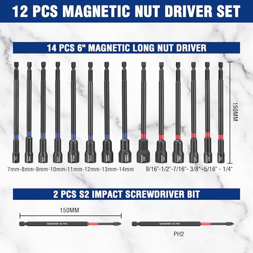 Image of WORKPRO 16-Piece Magnetic Nut Driver Set and Bit, 6 inch Long Nut Drivers, Metric & SAE Nut Drivers for Impact Drill, Long Shank Nut Driver Bits, 1 /4 inchHex Shank, Long Power Bits, PH2, with Sturdy Tool Box