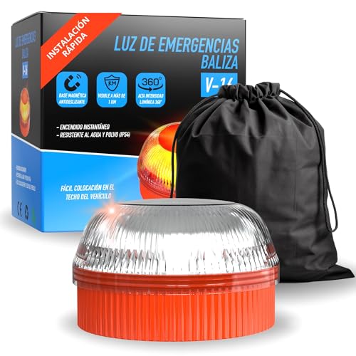 Baliza V16 | Luz de Emergencia para Señalizar Accidentes de Coche y Moto | Substituye Triangulo | Incluye Funda Negra | Sin GPS | Imanes Magnéticos | Funciona con 3 Pilas AAA | Alta Visibilidad (1 Ud)