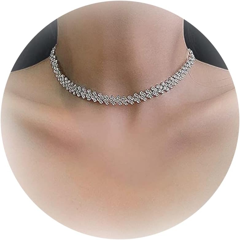 Oasisgalore Rhinestone Choker Necklace Sparkly Crystal Necklace Chain Silver Zircon Row Necklaces Fashion Minimalist Party Prom Accessories for Women