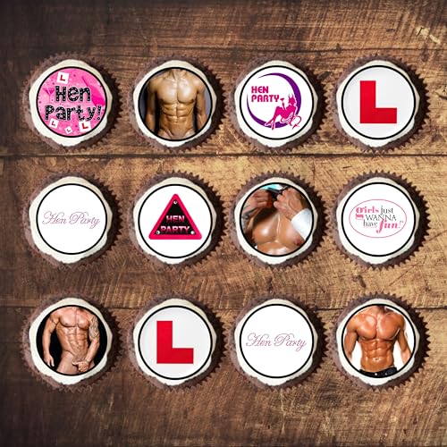 PRECUT Hen Party Cupcake Toppers, Edible Ladies Night Cake Decorations, Edible Bachelorette Cake Decorations, Hen Night Cupcake Decoration, Naughty Butler Cake Topper (12)