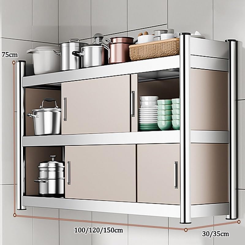Mensola portaoggetti da parete in acciaio inox con porta scorrevole, versatile, per cucina, bagno, soggiorno, scaffale decorativo (oro, 150 x 30 x 75 cm)