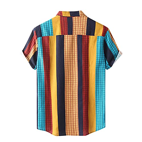 Camisa manga virada para baixo gola listrada camisa masculina casual curto emenda botão camisas masc