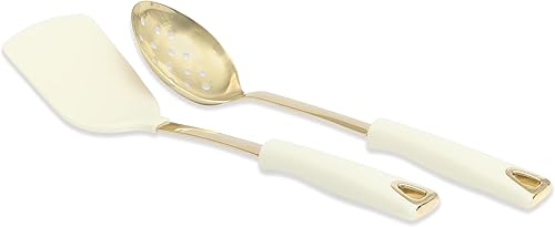 Martha Stewart Lockton - Juego de 2 giradores de cocina de acero inoxidable y nailon y cuchara ranurada, lino con dorado