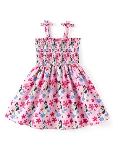 Disney Princess Mulan Girls Dress Pink Cherry Blossom Print Bow Tie Straps Smocked Sundress Birthday Park Kids Casual Summer Outfit Clothes Size 6-7