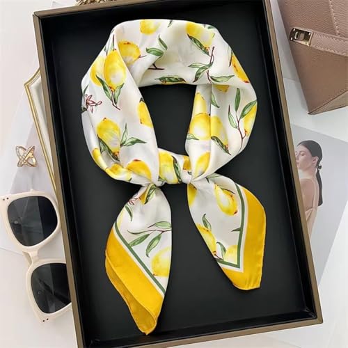 Lemon Print Silk Scarf, Retro Silk Scarves, Floral Printed Bandana Headscarf Wedding Neckerchief Accessories for Festival Cosplay Rave Outfit Gifts 70 * 70cm4