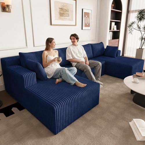 Image of 124 inch U-Shape Cloud Couch, Modern Modular Sectional U-Shape Sofa, Corduroy Boneless Couch Upholstered Couches Deep Seat Sleeper Chaise Longue for Living Room, No Assembly Required,Blue
