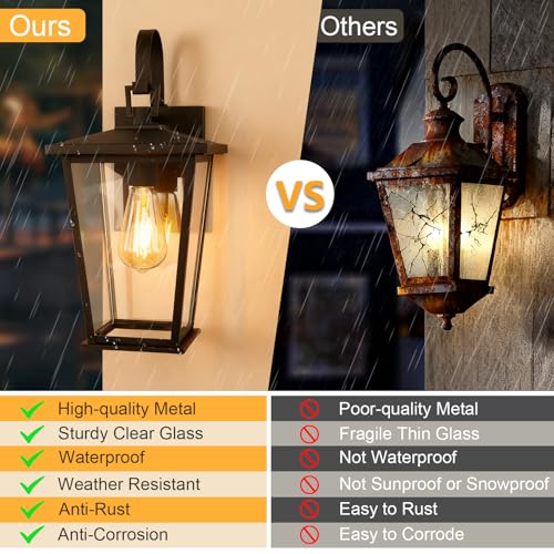 Image of Kalium Outdoor Wall Lights Fixtures Lantern Frame 16 1 /8 inch, Outside Lights Black Transitional Durable Metal, Clear Glass for Post Exterior Barn Deck House Porch Yard Patio Garage Garden