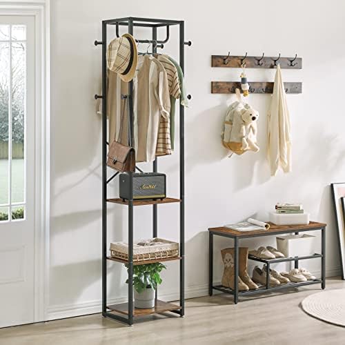 IBUYKE Coat Rack, Freestanding Coat Stand with 3 Shelves and 8 Hooks, Industrial Clothes Stand for Entryway, Hallway, Bedroom, 180 x 40 x 30 cm, Rustic Brown TMJ088H