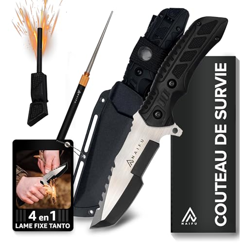 Naifu The Outdoor – couteau de survie 12 cm Drop Point semi‑cranté en acier inox - kit de survie - lame fixe, étui rigide – polyvalent pour bushcraft - randonnée - couteau bushcraft - bivouac