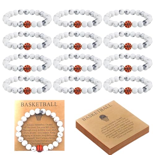 Fmelut 12 Sets Basketball Bracelets for Men Women Handmade Sports Turquoise Elastic Stretch Bracelets 8mm Beads Bracelet Jewelry Fan Gift with Inspirational Card(White Basketball)