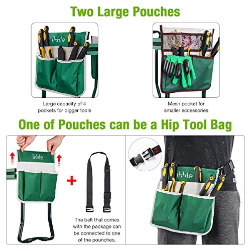 Garden Kneeler and Seat, Upgraded Folding Garden Bench Stool Portable Garden Kneeler Sturdy Gardening Tools with 2 Free Tool Pouch, Detachable Belt, EVA Kneeling Pad, Ideal Gardening Gift