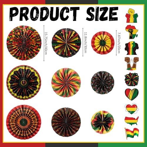Image of Affrolling 18 Pack Juneteenth Party Decorations Including 9 Pcs Juneteenth Hanging Paper Fans and 9 Pcs African Heritage Sticker Kente Ceiling Wall Garland for African American Party