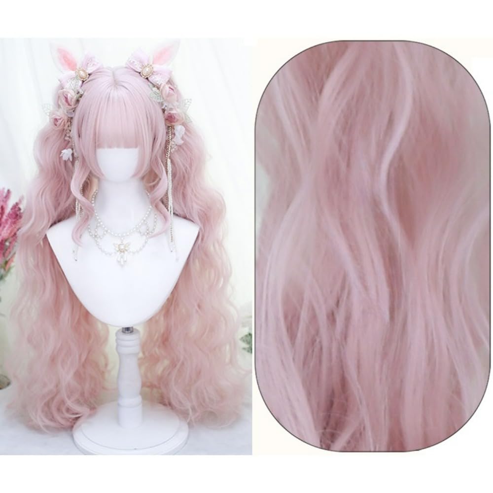SCORRO Removable Wavy Pigtails Long Wig with Hair Claw Clip, Romantic Curls Hair Daily Wigs for Women, Oil Painting Character Hairstyle, Sideburns Volume, Cosplay Wig Party Wig (Pink,straight bangs)