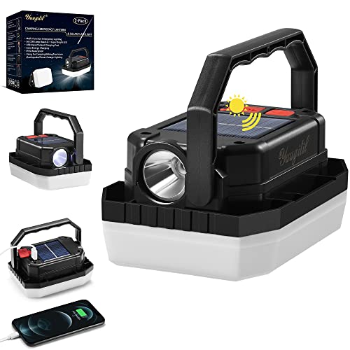 Camping Lanterns Battery Powered, Solar Lantern Yuugitil 2-Pack Protable Lantern Flashlight Combo, USB Rechargeable, Waterproof Emergency Lighting for Power Failure, Hurricane, Hiking