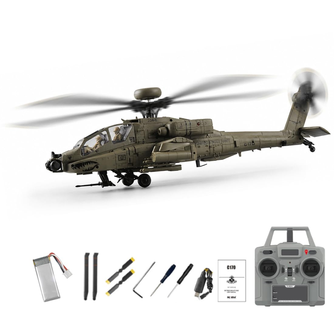 NULA RC-ERA C170 AH-64D 6CH RC Helicopter 1/48 Flybarless Military Aircraft With Optical Flow Positioning,Altitude Hold,Brushless Motor,One-Key Inverted Flight-Army Green/1 Battery