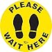 Please Wait Here Social Distancing Floor Sign, Peel and Stick 12 inch Wide, Yellow