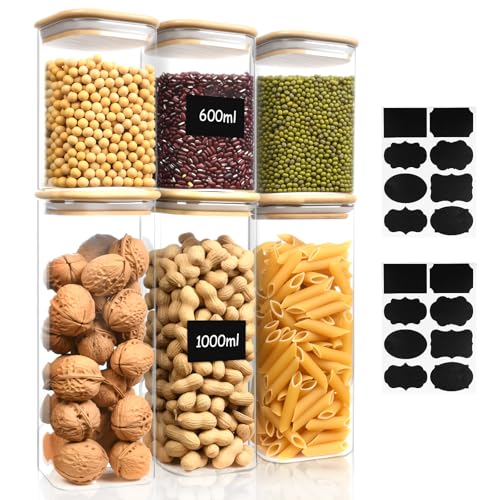 Barattoli di Cucina in Vetro, Set di 6 Barattoli in Vetro Borosilicato, 600ml e 1000ml Barattolo Vetro con Coperchio, Barattolo e Contenitori con Etichette, per Pasta, Zucchero, Caffè, Spezie