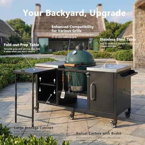 Image of Merax 72.4 inch Large Grill Table for Large Big Green Egg, Metal Outdoor Grill Cart with Fold-Out Prep Table, Adjustable Shelves, Spice Rack, Outdoor Kitchen Island for Big Green Egg, Kamado Joe Classic