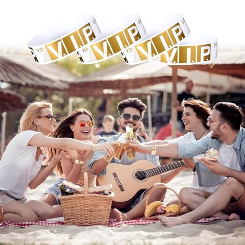 JJUNW 100 Stück VIP Einlassbänder, Papierarmbänder, Selbstklebend Vip Bändchen Wasserdichte Eintrittsarmbänder VIP Party Armbänder für Festival Partys Konzerte Vergnügungsparks(Gold)