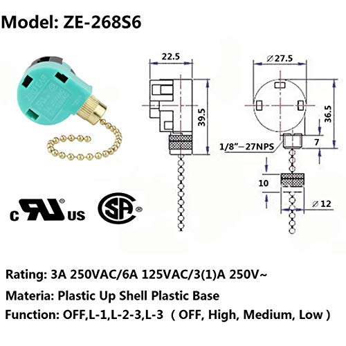 Image of Ceiling Fan 3 Speed Pull Chain Switch Control Replacement, 2PCS Brass