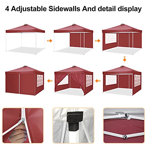 Image of COBIZI 10x10ft Pop Up Canopy Tent, Folding Garden Gazebo with 4 Sidewalls, Heavy Duty Powder-Coated Steel Frame, Waterproof Marquee for Garden, Camping, Beach and Outdoor Events, Red
