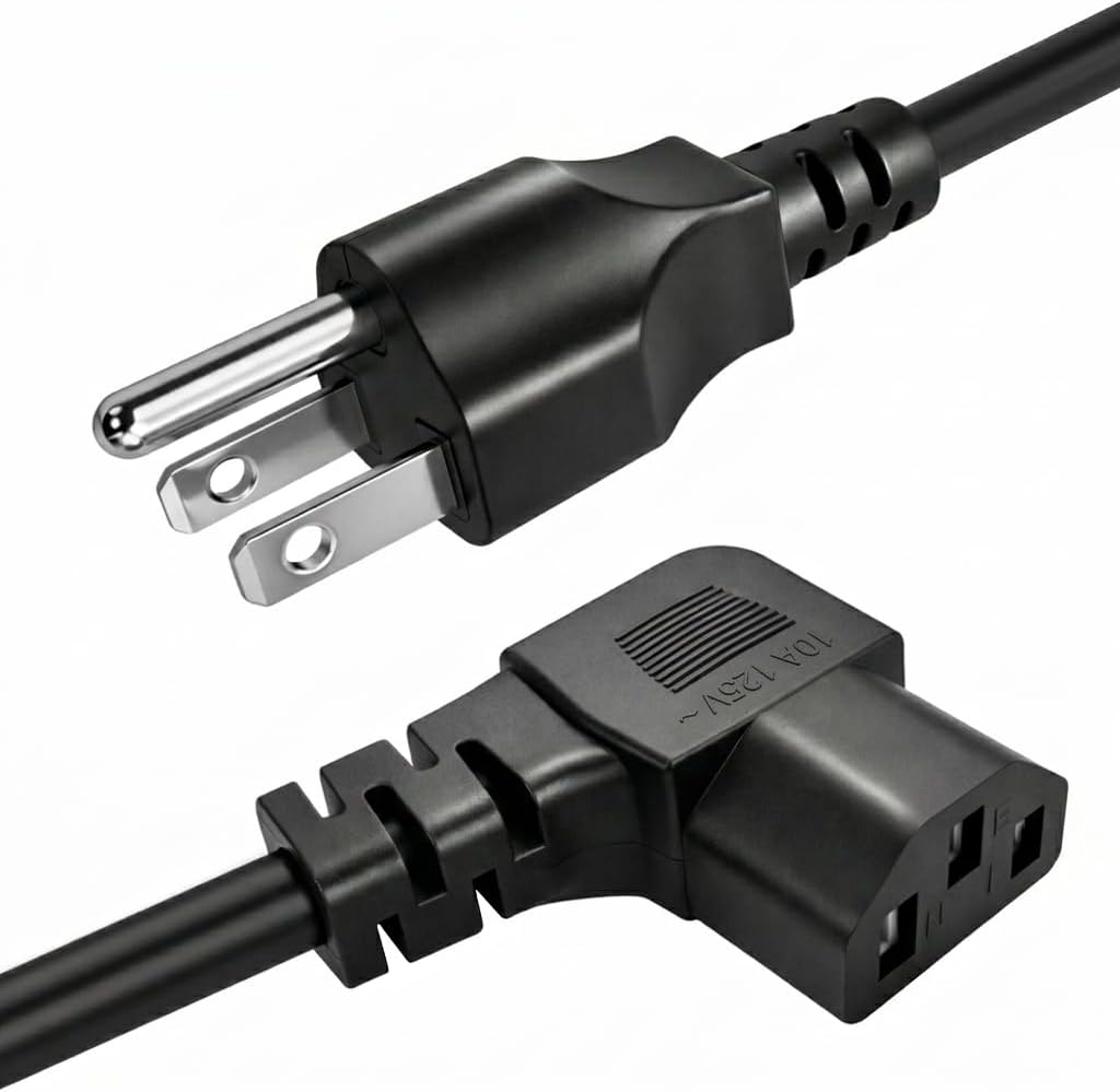 3 Prong AC Power Cord Right Angle 90 Degree Plug C13 Power Cable Replacement for TV, PC, Monitor, and Computer