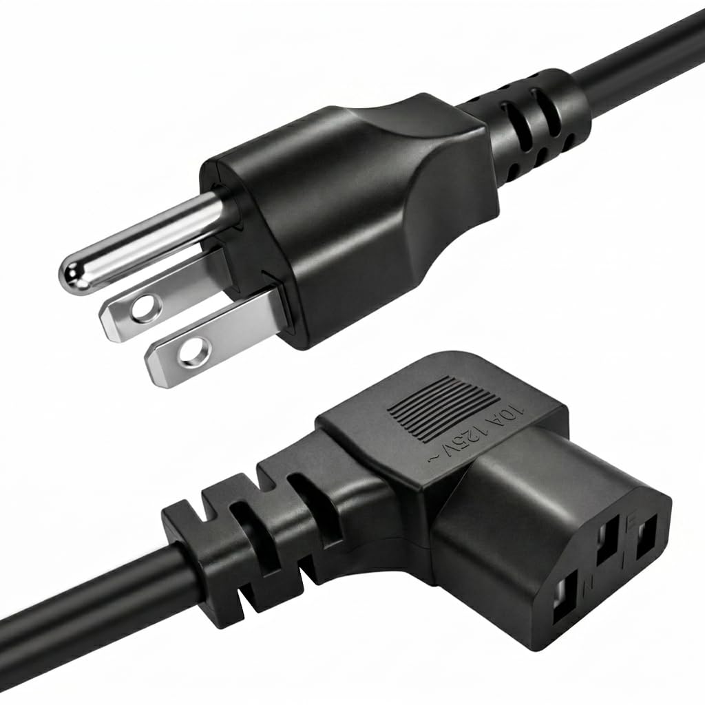 Photo 1 of 3 Prong 5ft AC Power Cord Right Angle 90 Degree Plug C13 Power Cable Replacement for TV, PC, Monitor, and Computer