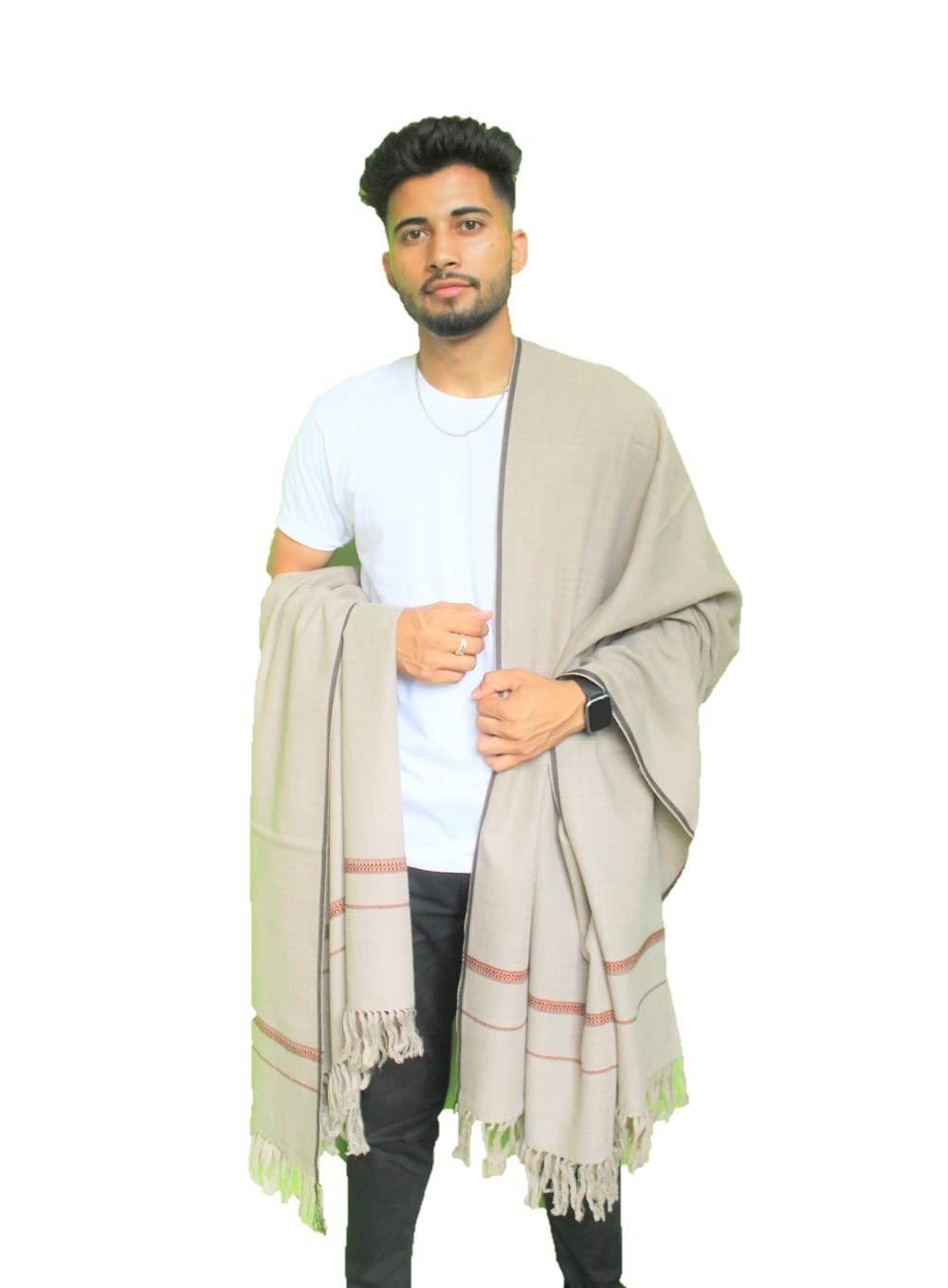 loom himalaya Men's Plain Pure Woollen Kullu Handloom Lohi/Shawl [50" X 100"] (Cream Grey, Pure Wool)-picture-44