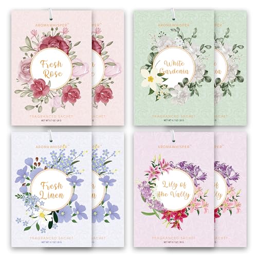 4 Scents Large Scented Sachets – 8 Pack, Long-Lasting Home Fragrance Sachet Bags, Extra Large Fresh-Scented Packets, Scented Sachets for Drawer and Closet (Rose Gardenia Linen Lily)