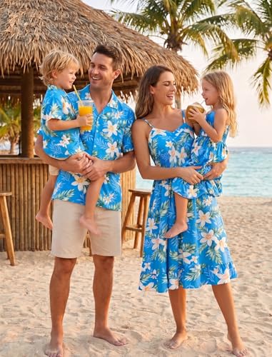 Image of AWIBMK Hawaiian Family Matching Outfits Mother Daughter Tropical Dresses Father Son Shirts for Beach Vacation Luau Party