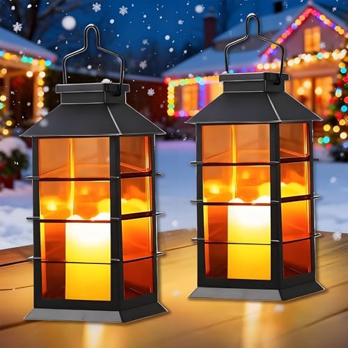 Cozymeow Lanterne da Esterno 2 Pezzi Lanterna Solare da Giardino con Candele Tremolante, Lampada Solari da Appendere Impermeabile Lampade da Tavolo per Arredo Giardino Terrazzo Balconi Decorazioni