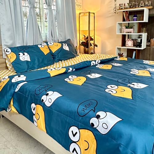 Image of Famyo King Size Bedsheet Set with 2 Pillow Covers, 250 TC Fitted Kids Bedsheet, Comforter & Comforter Cover (5pc Set) -Home Decor, 72x78 inches, Cute Smiles Design