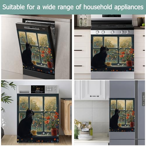 Image of Black Cat Dishwasher Magnets Decorative Cover,Vintage Flowers Waterproof Magnetic Dishwasher Cover Panel,Refrigerator Magnet Cover for Kitchen Home Decor 23x26 Inch