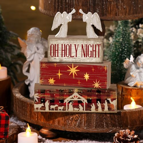Image of Moucuny 4 Pcs Wooden Christmas Nativity Tiered Tray Decor Rustic Wood Angel Block Sign Gift Kitchen Centerpiece Nativity Scene Table Decor (Jesus)