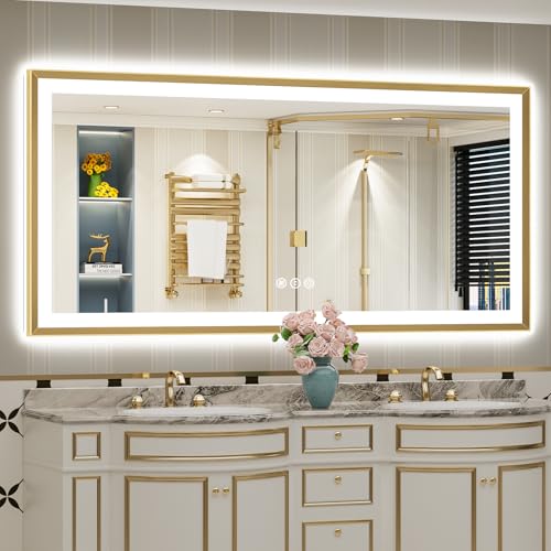 Image of 72x36 Gold Beveled LED Bathroom Mirror Backlit & Front Lit Anti-Fog | Brushed Gold Framed, Anti-Fog Lighted Vanity Mirror, Dimmable, 3-Color Light, Memory, CRI95, HD Tempered Glass, UL Listed