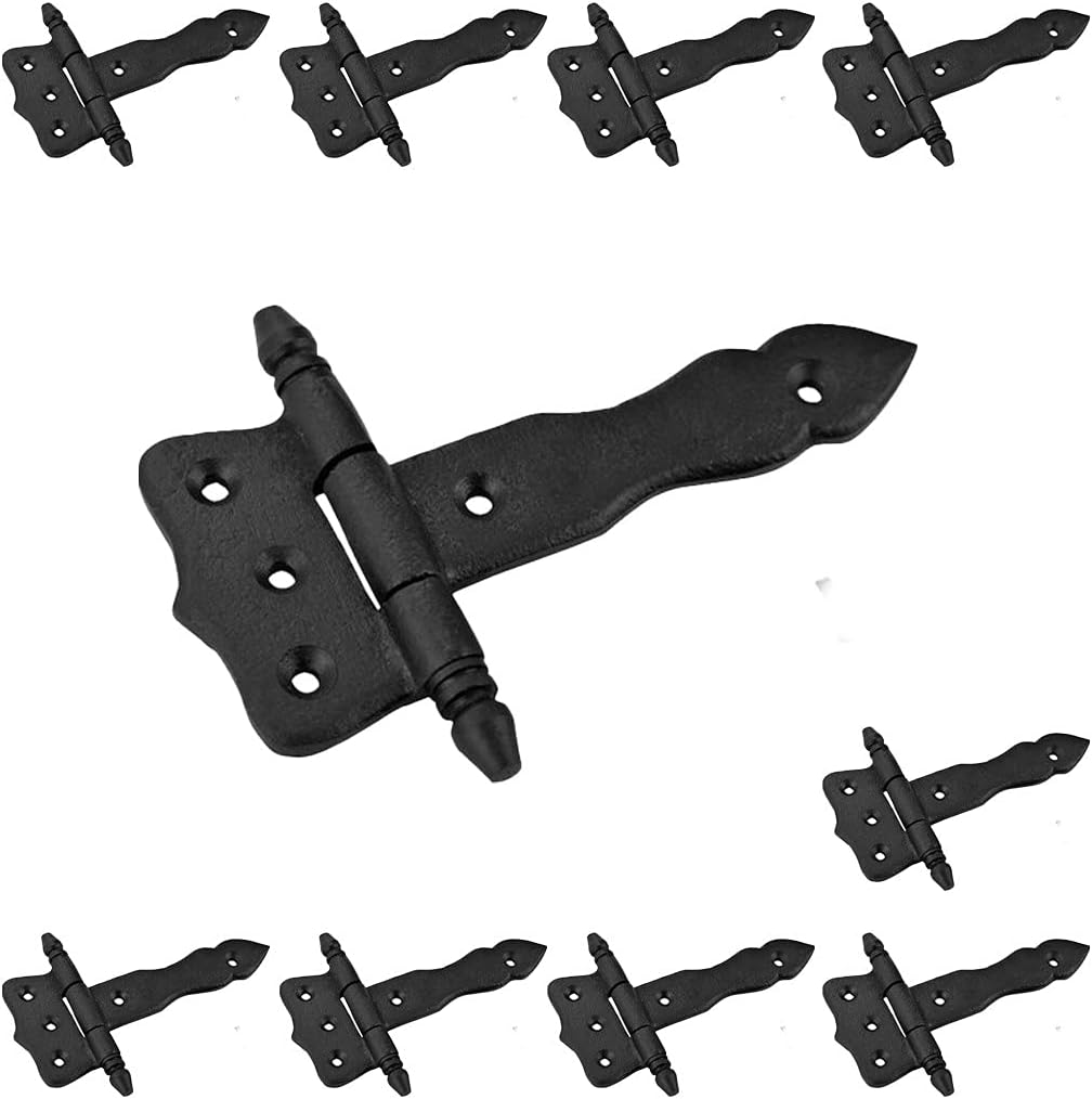 Renovators Supply Manufacturing Black T Strap Hinge 5 Inch Long Wrought Iron Decorative Colonial Hinge Rust Resistant Powder Coated Cabinet Or Door Flush Mount Strap Hinges With Screws Pack Of 10