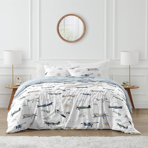 Image of Sweet Jojo Designs Vintage Airplane Boy Queen Comforter Set Full Size Bedding for Kids Teen Adult Bed Room 3pc Grey Green Blue White Yellow Airplanes Air Plane Transportation Clouds Sun Sky Aviator