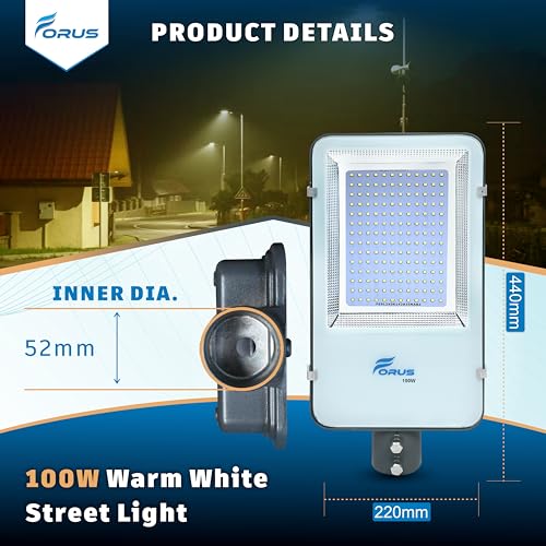 Image of Forus 100W LED Street Light Outdoor with 4-Yr Warranty, High Lumen 120 lm /W Waterproof Warm White Light, Energy Saving Aluminium LED Street Lamp for Road, Parking Lot, Industrial Area Lighting (1 PC)