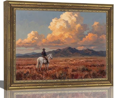 Vintage Gold Framed Wall Art Western Cowboy Wall Art Vintage Cowboy on Horse Wall Decor Picture Rustic Sunset Landscape Poster Print for Living room Bedroom Home Decoration 9x11in
