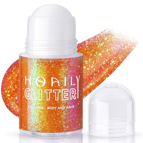 HOSAILY Roll-on Orange Body Glitter Gel for Face Hair Holographic Chameleon Color Changing Face Paint Glitter Autumn Makeup Chunky Mermaid Sequins Festival Party Rave Accessories Shimmer Makeup