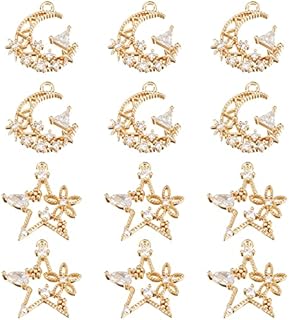 NBEADS 12 Pcs 2 Style Cubic Zirconia Pendant Charms, 18K Gold Plated Moon and Star with Flower Charms Micro Pave Clear CZ Brass Pendant for Jewelry Making