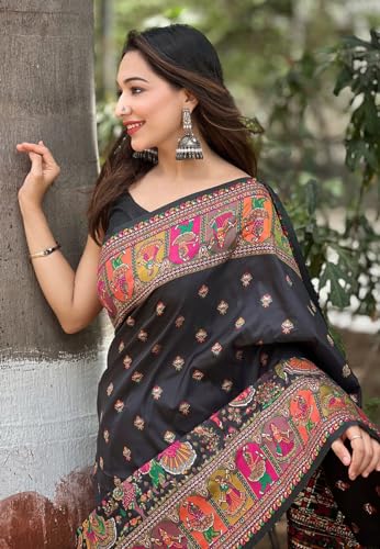SGF11 Women's Kanjivaram Soft Silk Saree With Blouse Piece (Black) 6.3metres - Image 4