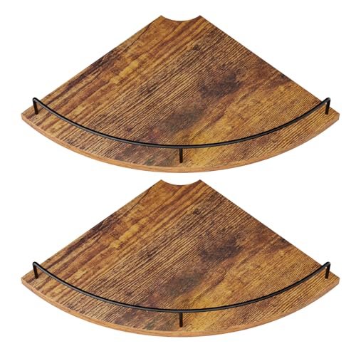 FNBAR Corner Floating Shelves, Rustic Brown Wood, Set of 2, Wall Mount Storage with Guardrail for Bathroom Kitchen Living Room