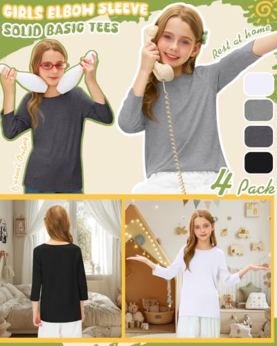 Image of 4 Pack Girls 3 /4 Sleeve T Shirts Kids Crewneck Elbow Sleeve Casual Tops Solid Basic Cute Teen Tees 5-14Y