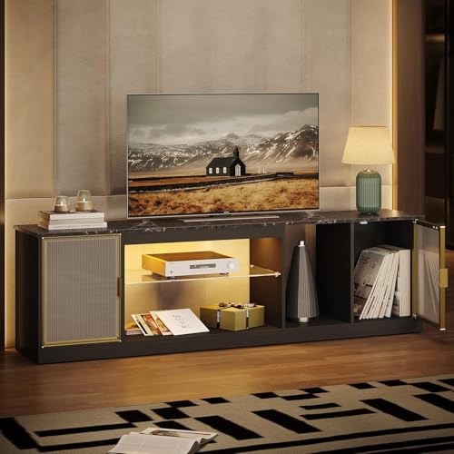Bestier Gaming TV Stand for TVs up to 80 inch, 70 inch LED Entertainment Center with Adjustable Glass Shelf & Translucent Doors Storage Cabinet for PS5, Modern TV Console for Living Room, Bl