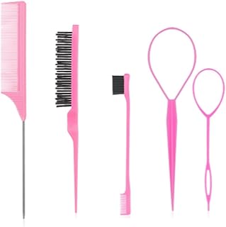 Pink Comb Set 5 piece, Slick Back Brush with Edge Brush, Rat Tail Comb, Teasing Brush Set for Smoothing brush , baby hair brush